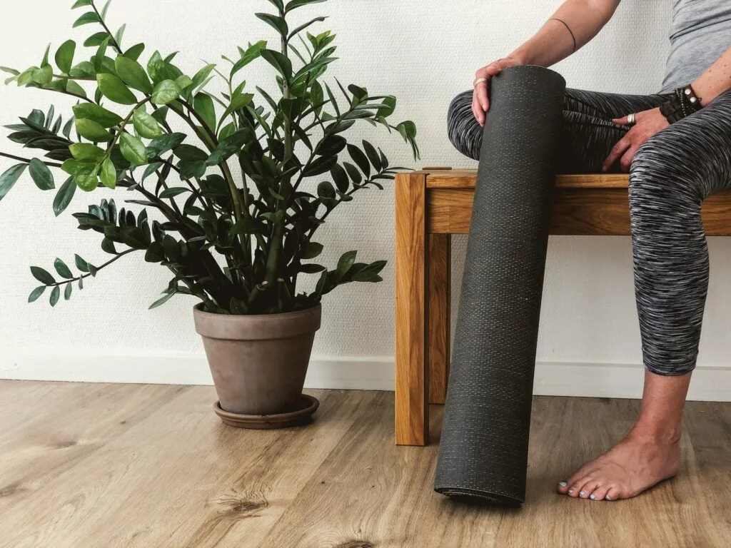 yoga mat next to indoor plant for cardio exercise sprained ankle